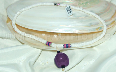 Graduated Shell Heishe Necklace with lumbang kukui nut seed purple