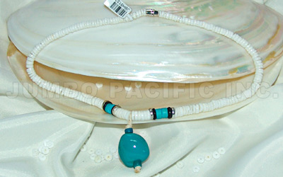 Graduated Shell Heishe Necklace with lumbang seed turq blue